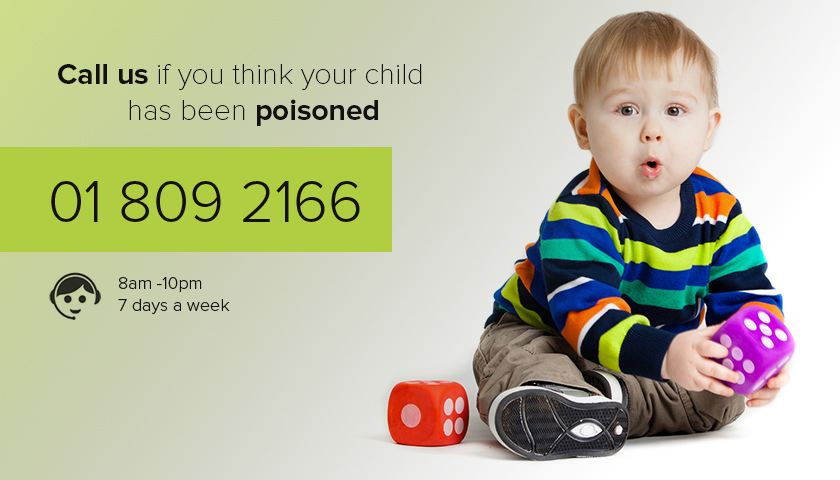 Image of a young child sitting on the ground with the number of the Public Poisons Line displayed