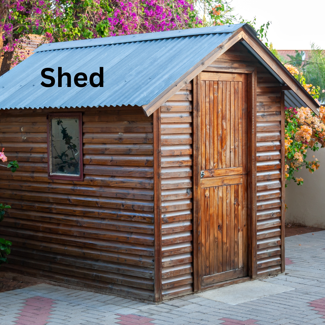 A garden shed with the door closed